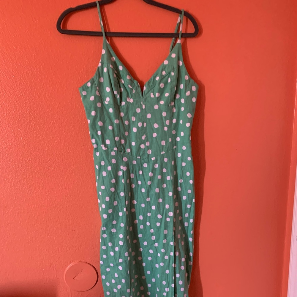 Green and white polka dot dress with slit